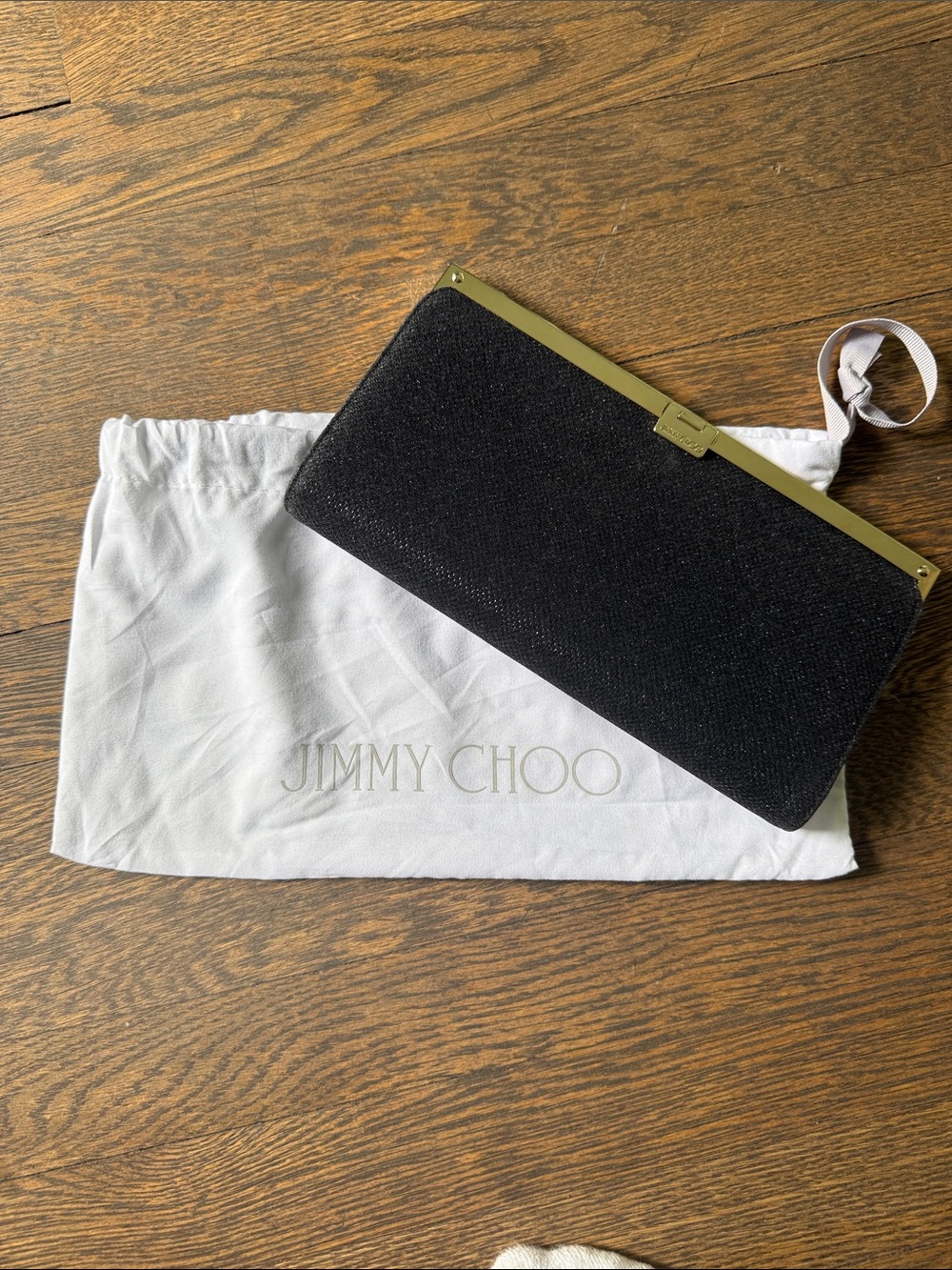 Jimmy Choo Black Glitter Clutch with Gold Frame